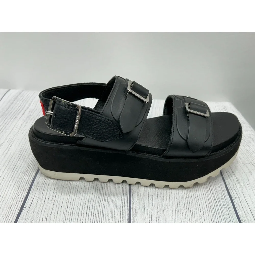 Hunter Sandals Womens Size 8? Black Leather Double Buckle Strap Platform Chunky